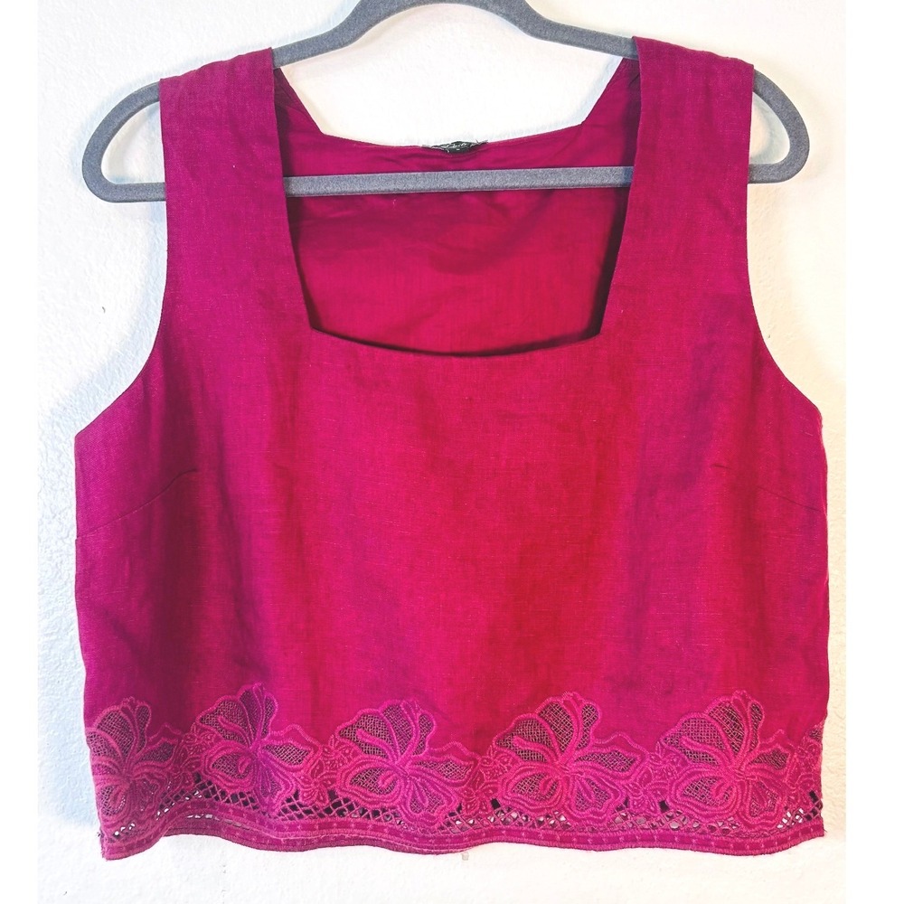 Rails Magenta Pink 100% Linen Floral Lace Crochet Hem Crop Top Square Neck SZ L